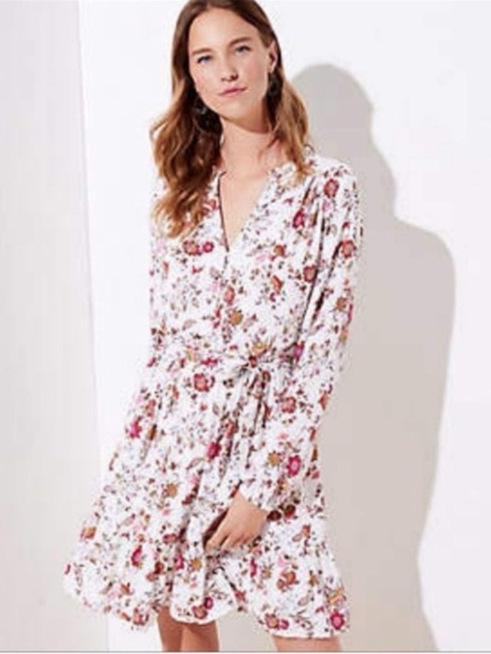 White Floral Long Sleeve Dress Ruffle Hem Tie  Waist Bridal Shower Party Size XL